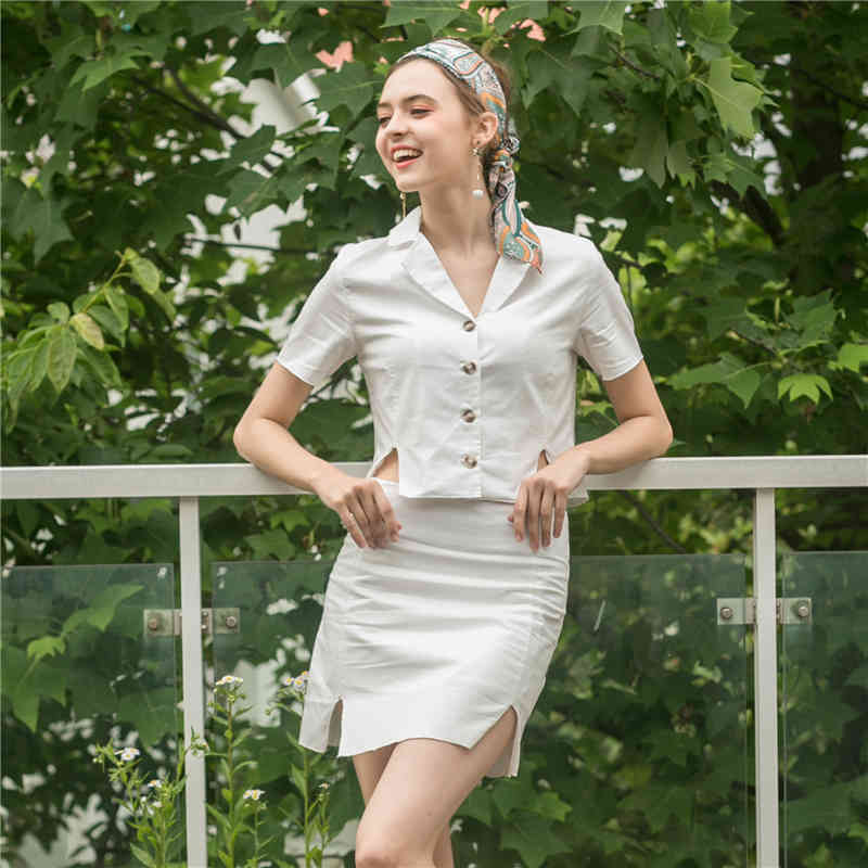 Women spring Summer White Crop Top Shirt Skirt suit 2 Pieces Set Linen Cotton Split Girl Skirts 210510