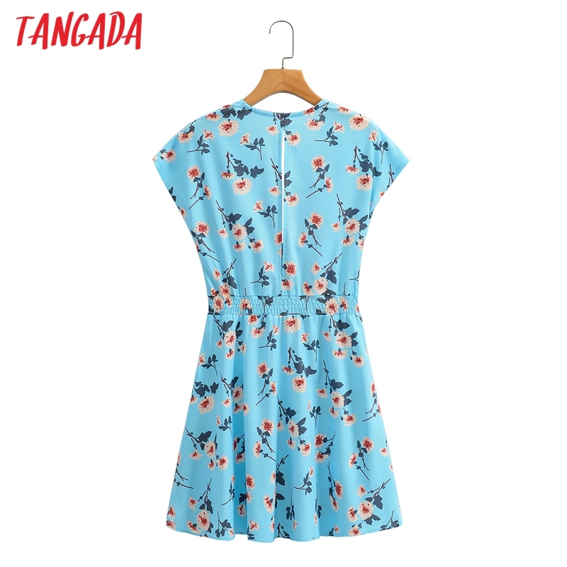 Summer Women Deep V Neck Bow Floral for Beach Short Sleeve Ladies Mini Dress Vestidos 1F102 210416