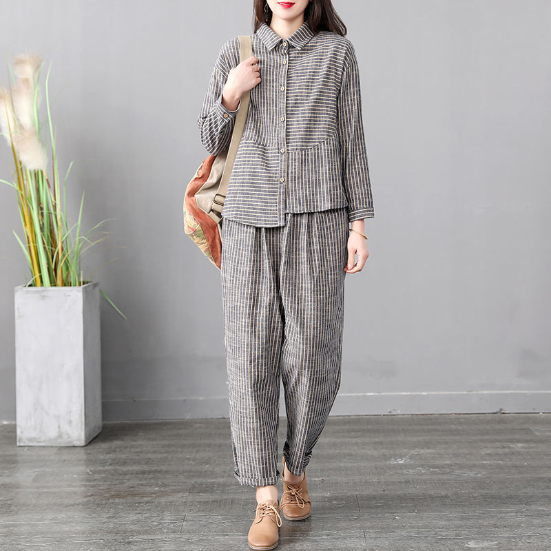 Arrival Spring Korea Fashion Women Long Sleeve Shirt Elastic Waist Loose Pant Suit Cotton Linen Stripe 2 Peice Set S647 210512