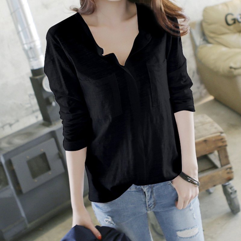 Autumn Korean style slub cotton long-sleeved t-shirt women's v-neck plus size loose bottoming shirt top 210510