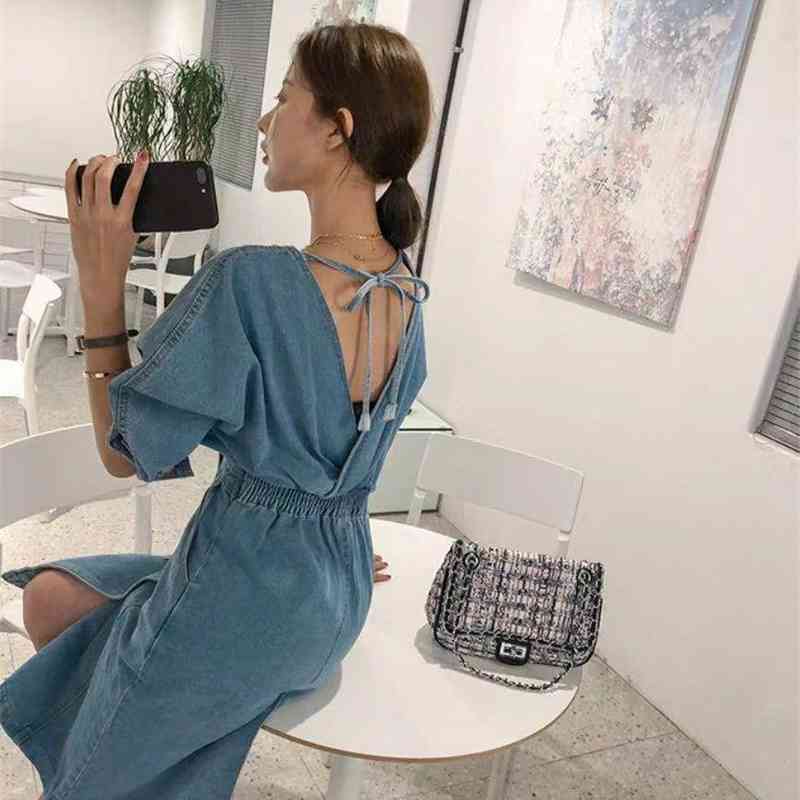 Sexy V-Neck Slim Denim Dress Female Chic Double Breasted Bat Sleeve Women Backless Jeans Femme 210520