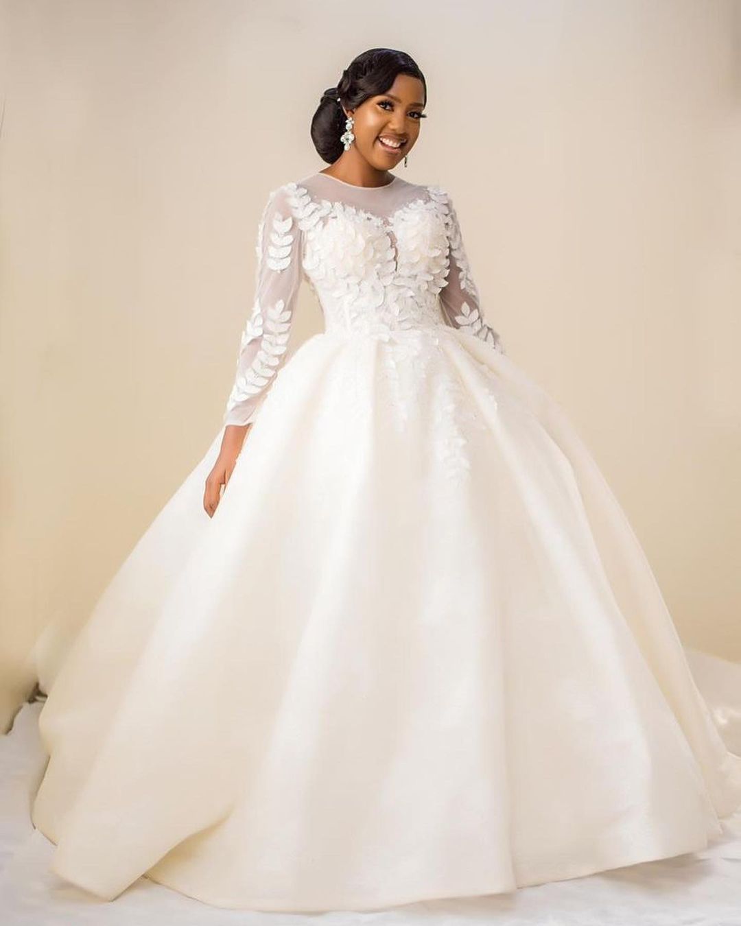 Plus Size Ball Gown Wedding Dresses Sheer Jewel Neck 3D Foral Appliques Long Sleeve Bridal Gowns Puffy Floor Length Bride Dress