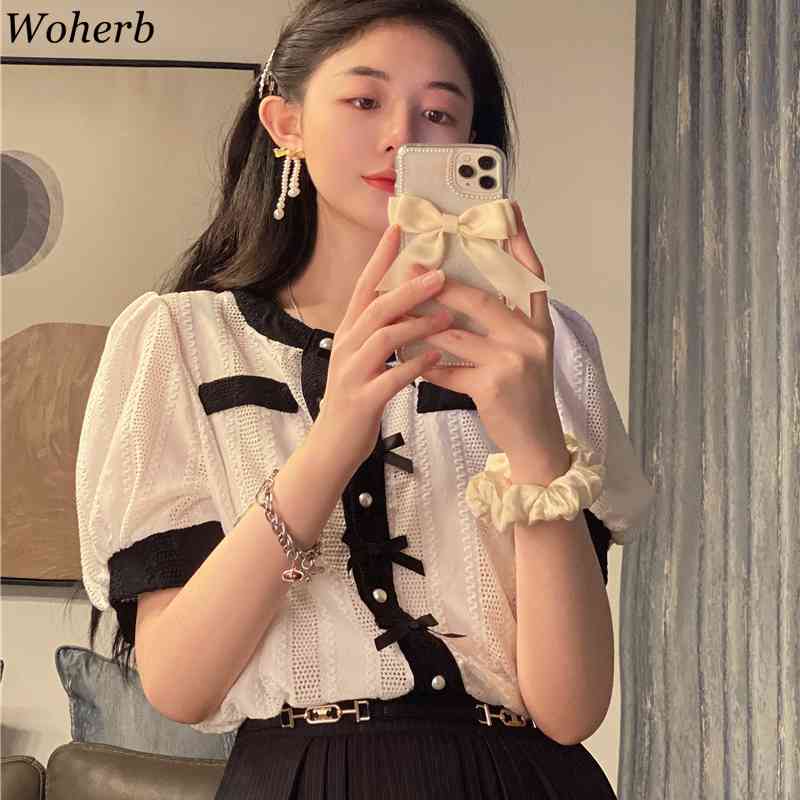 Elegant Lace Hollow Out Blouses Summer Fashion Slim Fit Puff Sleeve Single Breasted Women Shirts Korean Blusas 210519