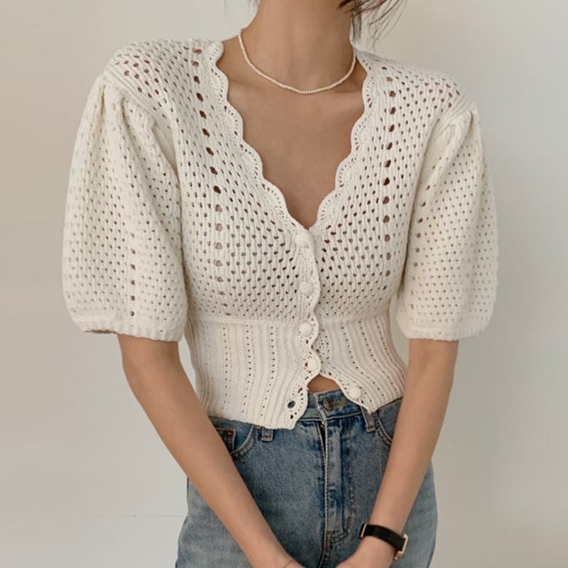 Women Fashion Sexy V-Neck Hollow out Crochet Knitted Cardigan Female Korea Summer Puff Sleeve Casual Tops 210518