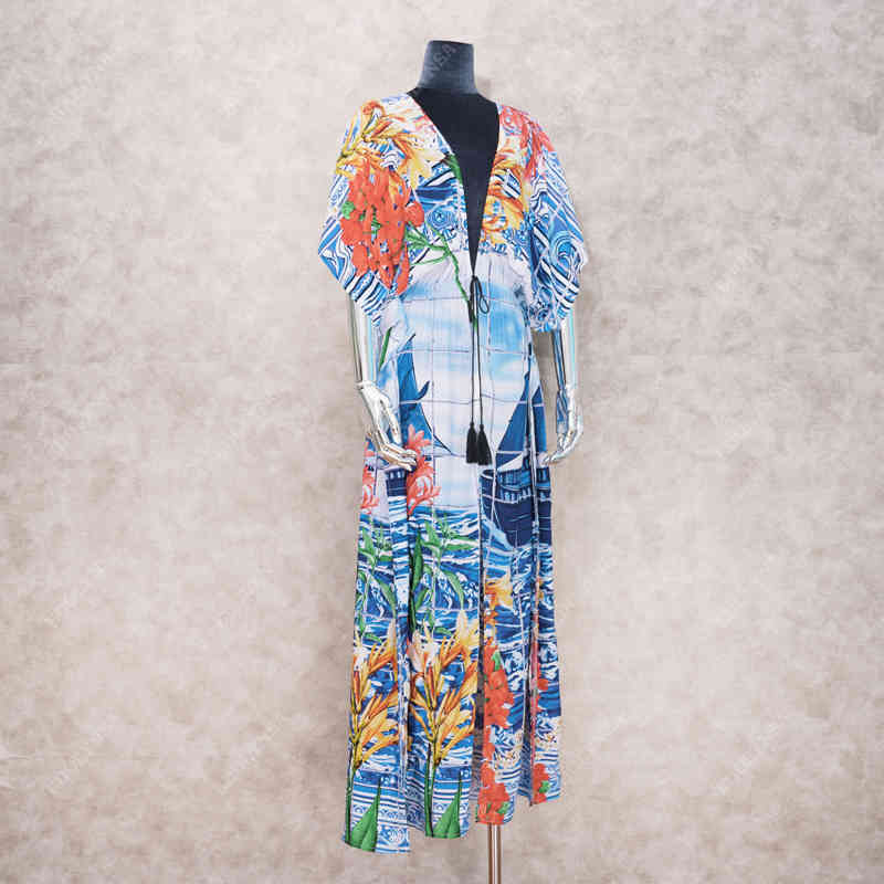 Blue Boho Printed Bikini Cover-ups Long Kimono Cardigan Cotton Tunic Plus Size Women Summer Beach Wear Swim Suit Cover Up Q1059 210420