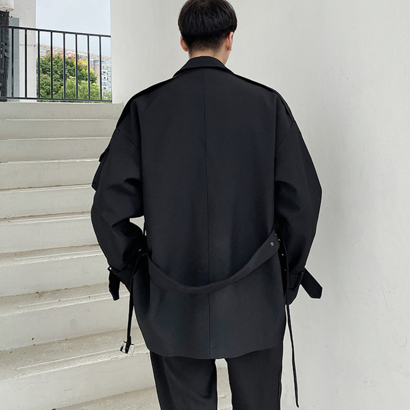 IEFB spring Autumn high quality mid length black windbreaker jackets for men loose handsome lace up cloth with belt 9Y4745 210524