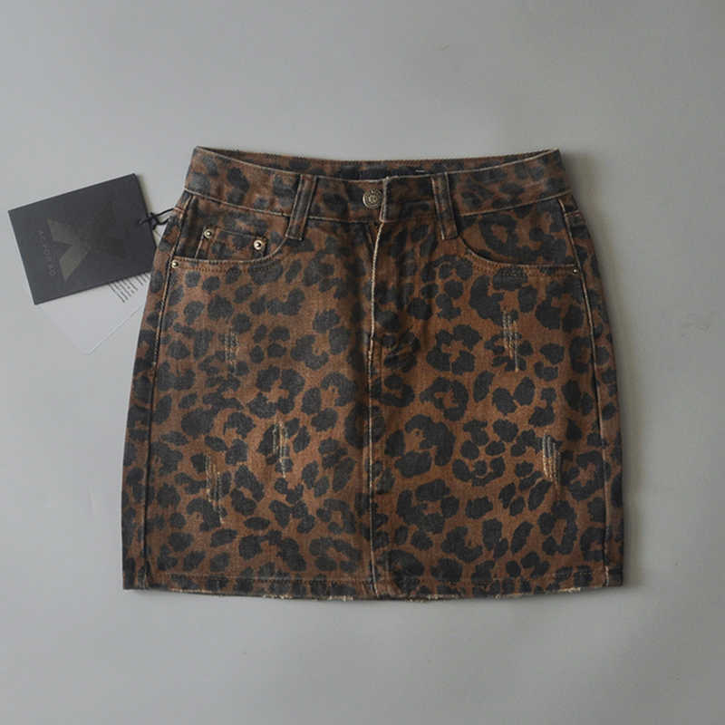 Sexy ripped leopard print skirts mini denim Streetwear pencil high waist faldas mujer moda 210621