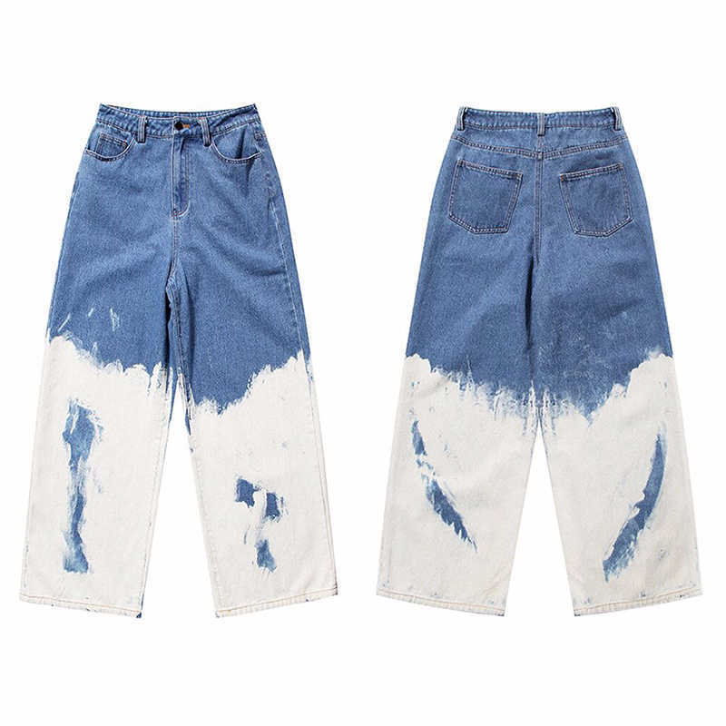 TWOTYLE Casual Loose Painted Women Full Length Jeans High Waist Hit Color Asymmetrical Denim Wide Leg Pants For Female 210809
