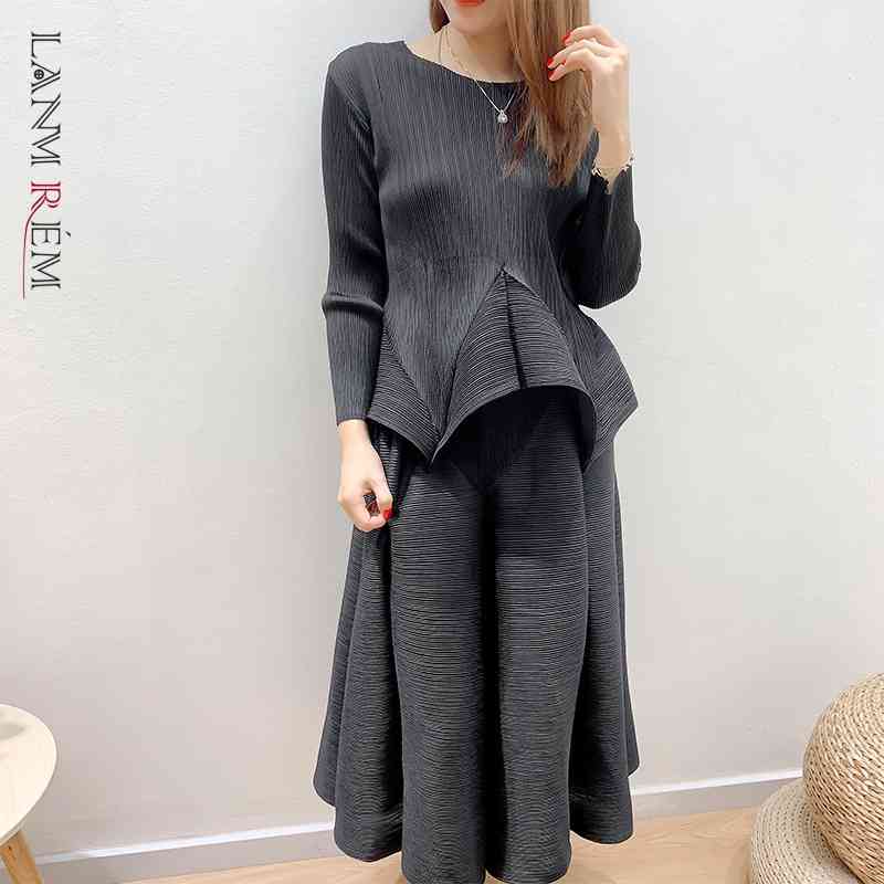 LANMREM Green Beige Suit Round-neck Pleated Loose Casual Pullover Long-sleeved Top+ankle-length Skirt Female Fashion 2A14 210708