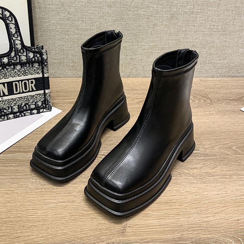 Boots Classic 6 Cm Thick Heels Bare Platform Women 2021 Autumn Fashion Square Toe Back Zip Office Ladies Boot High Quality