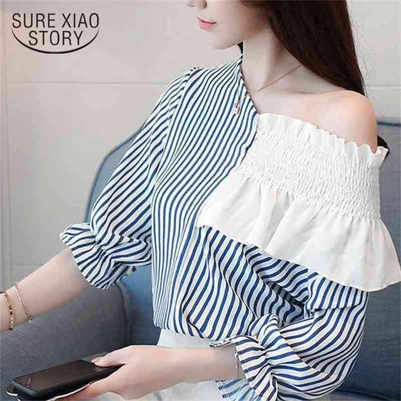 Summer Stripe Casual Women Blouse Shirt Plus Size Female Loose Slim Chiffon Shoulder Short Sleeve Tops 0641 40 210506
