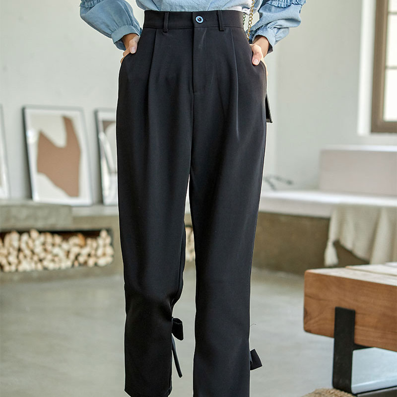 Black Bow Retro All Match Fashion Streetwear Autumn High Waist Vintage Loose Brief Casual Women Pencil Trouser 210421