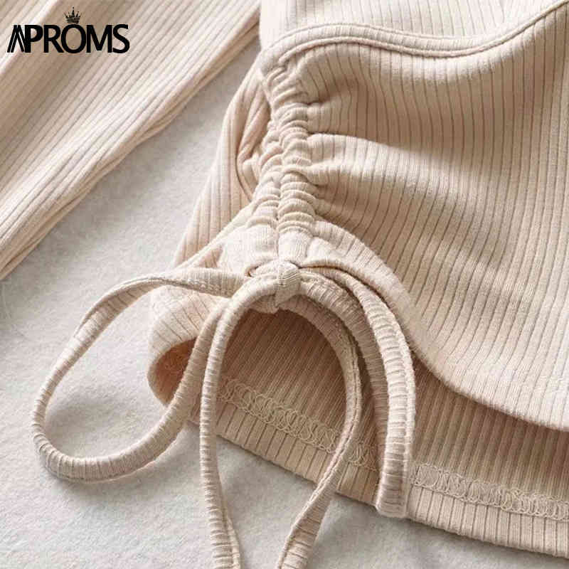 Aproms Elegant Ribbed Knitted Long Sleeve T-shirt Women Autumn Winter Drawstring Ruched Basic Crop Top Streetwear Bodycon Tshirt 210406