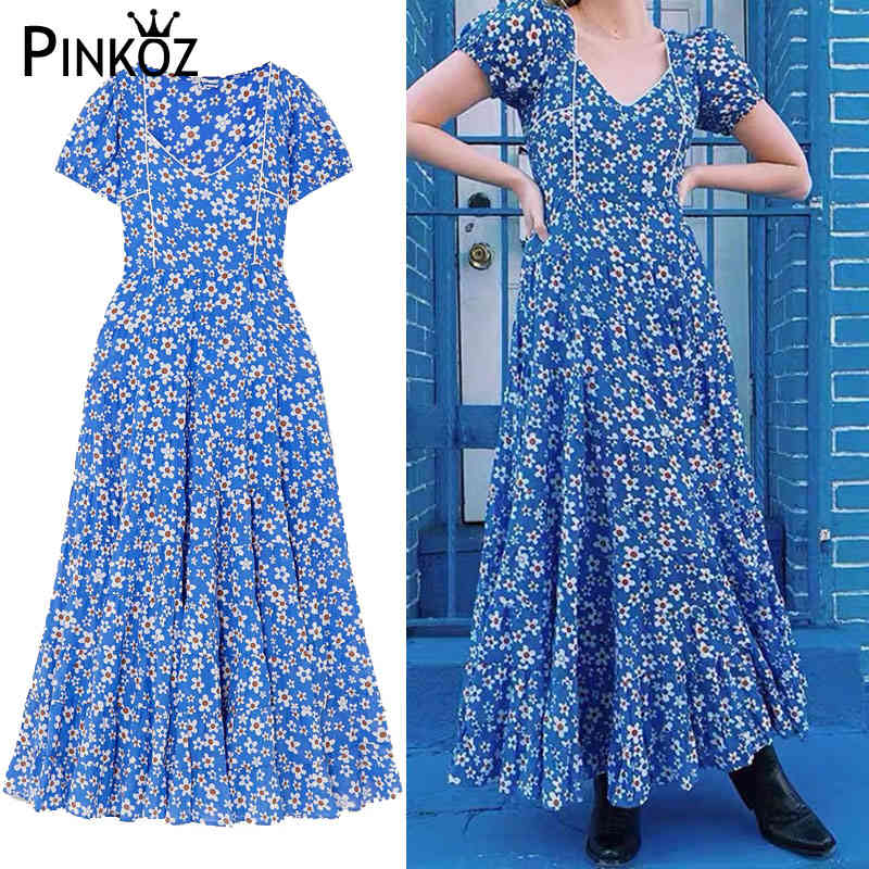 Fashion Runway Summer Long Sleeve Maxi Dress Women's Blue Robe De Mujer Floral Print Elegant Party Holiday Dresses 210421