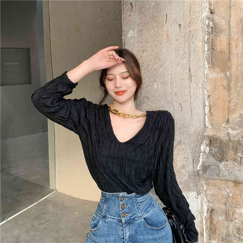 Korean Chic V-Neck Pleated Streetwear Gentle Loose Female Solid Basic All Match Brief Tops Arrival T-shirts 210421