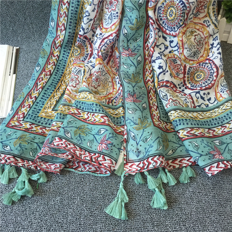 Spring and Summer New Retro Ethnic Fashion Holiday Sunscreen Silk Scarf Colored Cashew Small Plum Blossom Fringed Scarf Shawl