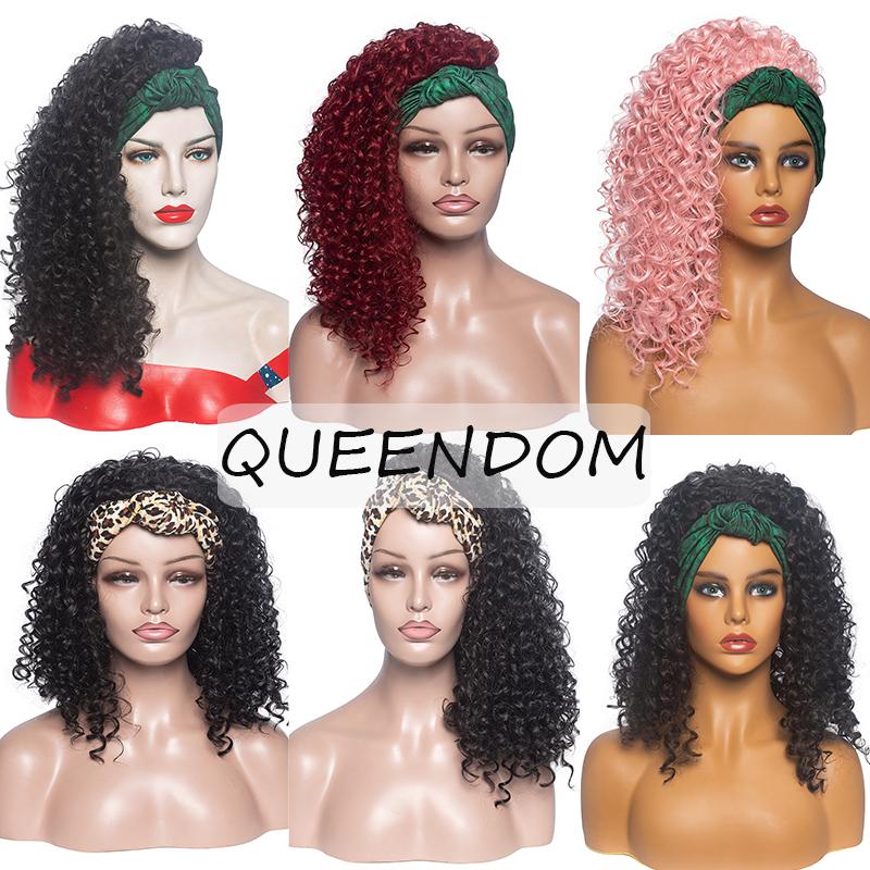 Synthetic Wigs Afro Kinky Curly Head Band For Black Women Scarf Short Wig Natural Heat Resistant Cosplay Headwrap