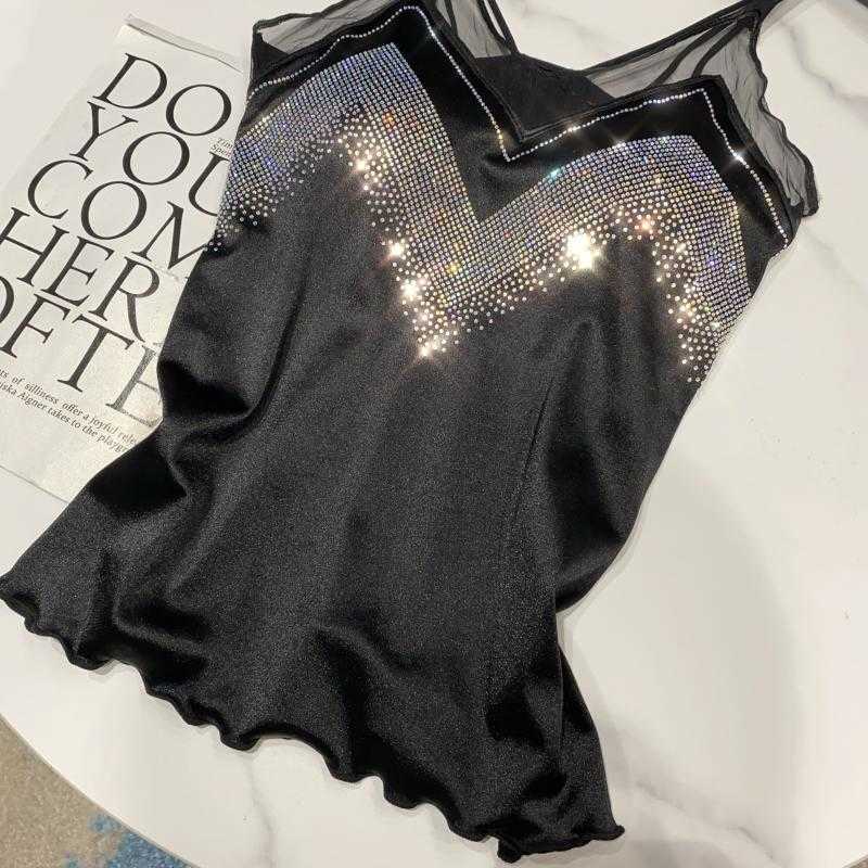 Ins Supre Fire Autumn Women's Drilling Shoulder Strap Mesh Stitching Sexy Mercerized Cotton Camisole Women Tube Top 210625