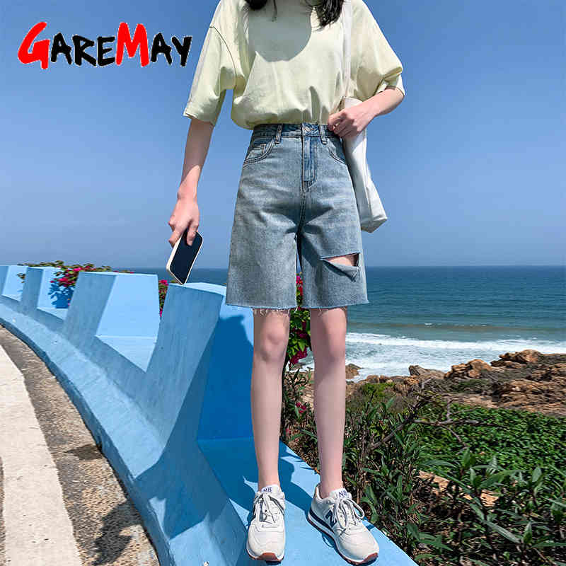 Women's Breeches Shorts Female Denim High Waist Ripped Knee Length Long Loose Vintage Summer 210428