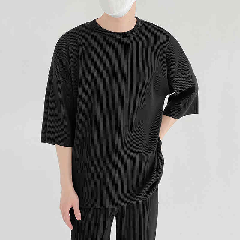 IEFB Causal Men's Home Sports Two Piece Suit Pleated Pants + Short Sleeve T-shirt Korean Fashion Loose Summer Set Y7587 210524