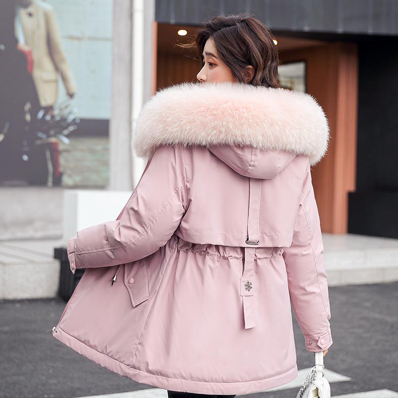 Womens Down Parkas Short Adjustable Waist Cotton Liner Parka Casual Warm Winter Jackets For Women Fur Collar Hooded Coat