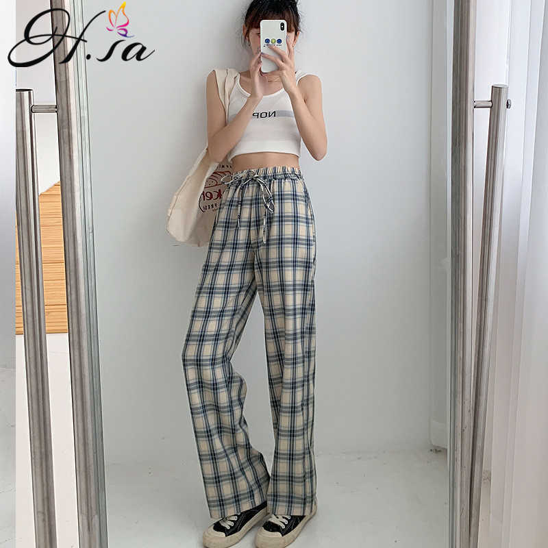 H.SA Wide Leg Pants Women Long Floor Trousers Elestic Tie Waist Plaid Loose Wide Leg Trouser Retro Streetwear Straight Trousers 210716