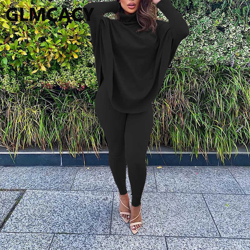 Women Two Piece Classy Suits Batwing Sleeve Turtleneck Top & Skinny Pants Set 211007