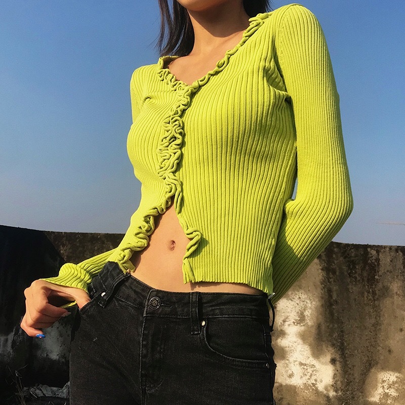 France Vintage Open Buttons V neck Long sleeve Wood ears Sweater Women Knitted Tight Jumper Front Slit Slim Cropped Cardigan 210429