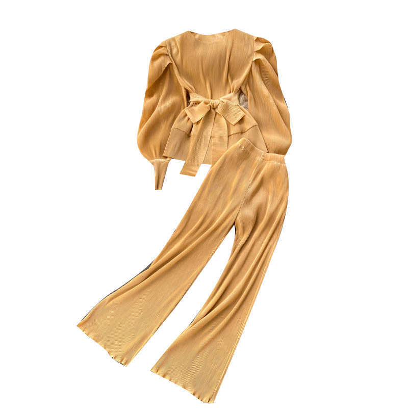 Elegant Women Purple Pant Suits Spring Autumn Solid Puff Sleeve Top Pleated Chiffon Wide-Leg Pants 2 Piece Set Female Outfit 210925wtt