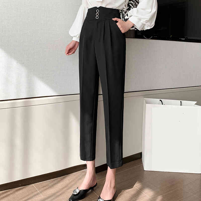 Office Lady Solid Casual Suit Spring Autumn Workwear Straight High Waist Trousers Korean Harem Capris Pants B11323P 210416
