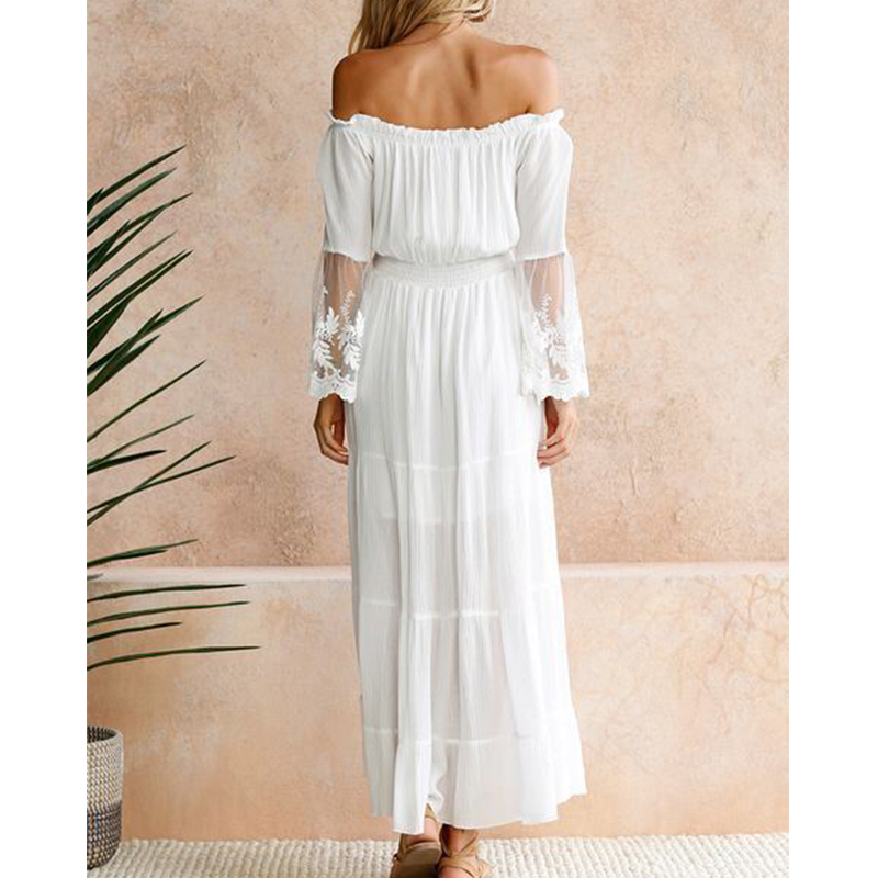 New Fashion Off Shoulder White Lace Dress Lady Shirt Dress Long Sleeve Casual Dresses Elegant Midi Dress Robe 210415