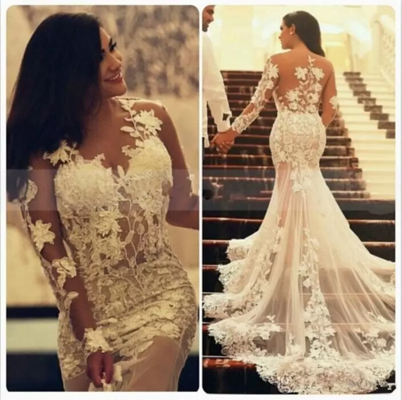 Gorgeous Mermaid Wedding Dresses Bridal Gown Sweep Train Jewel Neck Sexy Illusion Bodice Long Sleeves Lace Applique Custom Made Plus Size vestidos de novia, Ivory
Gorgeous Mermaid Wedding Dresses Bridal Gown Sweep Train Jewel Neck Sexy Illusion Bodice Long Sleeves Lace Applique Custom Made Plus Size vestidos de novia, Ivory
