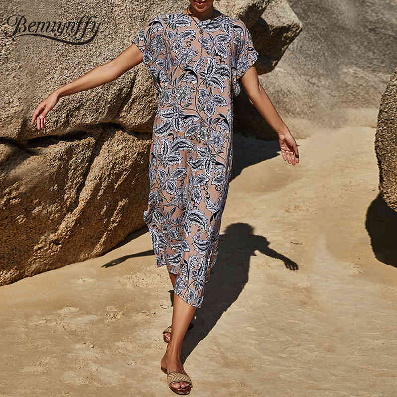 Crew Neck Tie Back Print Loose Dresses Women Summer Raglan Slevee Beach Style Casual Split Long Dress 210510