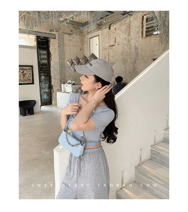 WOMENGAGA summer Korean light blue small fresh gentle elastic cross t-shirt + women's tank tops two piece 3J25 210603