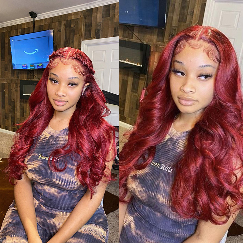 Free shipping Red Deep Wave Lace Front Wigs Long Middle Part Synthetic Wig For Women Pre Plucked With Natural Hairline