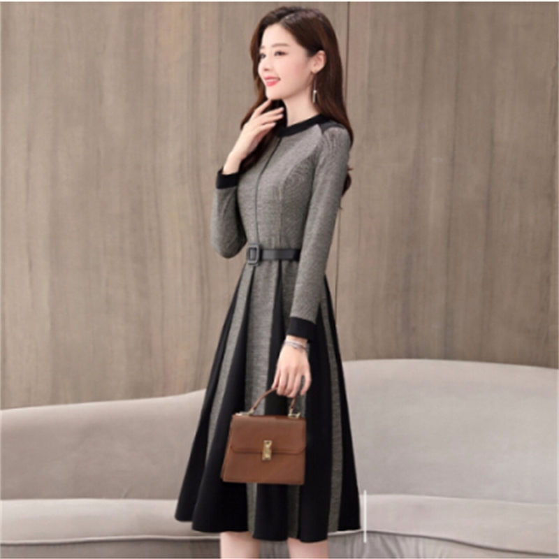 Autumn And Winter women Long sleeve party Dress Tweed Patchwork Vintage Dresses vestidos Free belt 210520