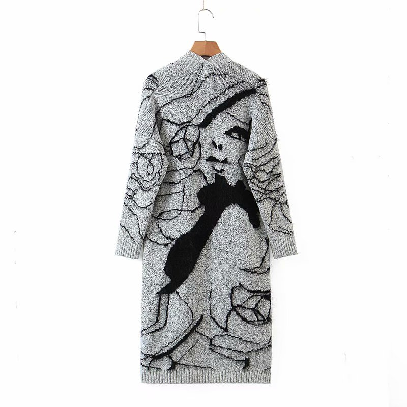 Vintage Woman Grey Embroidery Long Cardigan Spring-Autumn Fashion Soft V Neck Knitted Sweaters Ladies Casual Knitwear 210515