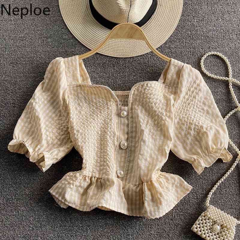 neploe summer shirts sweet chic crop tops square collar puff sleeve plaid blouses korean blouse pleated blusas mujer 210422