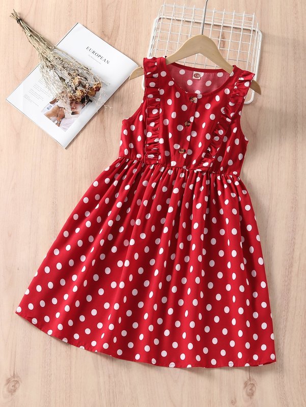 Girls Polka Dot Print Ruffle Trim Dress SHE01