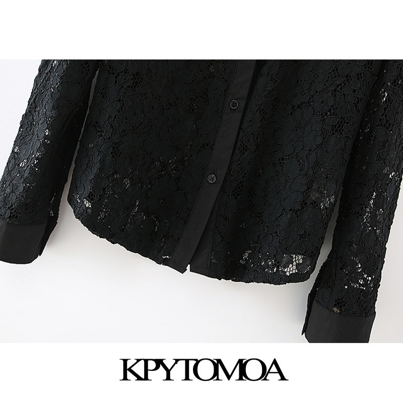 Women Fashion With Bow Tied Semi-Sheer Lace Blouse Long Sleeve Button-up Female Shirts Blusas Chic Tops 210420