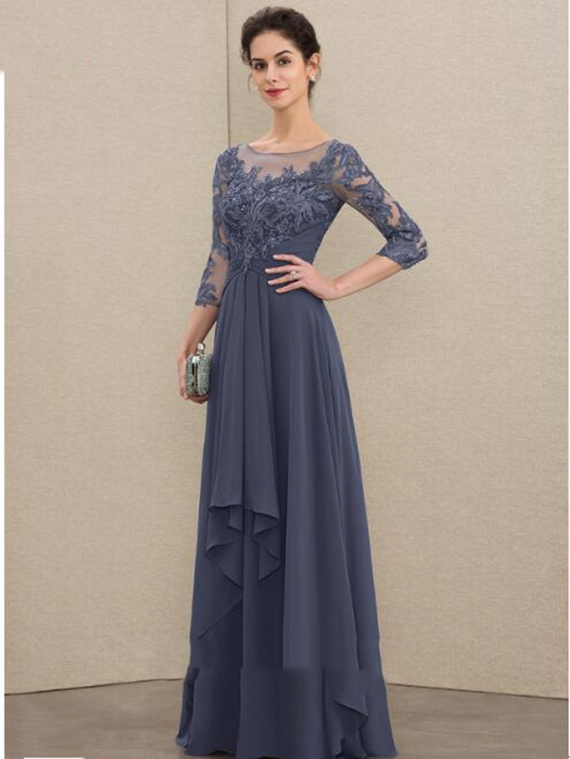 A-Line Scoop Neck Mother Of The Bride Dresses Floor-Length Chiffon Lace Guest Famous Dresses With Cascading Ruffles