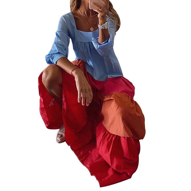 Women Dress Square Collar Color Matching Bohemian es Long Sleeve Loose Casual Maxi Plus Size Ladies es 210513