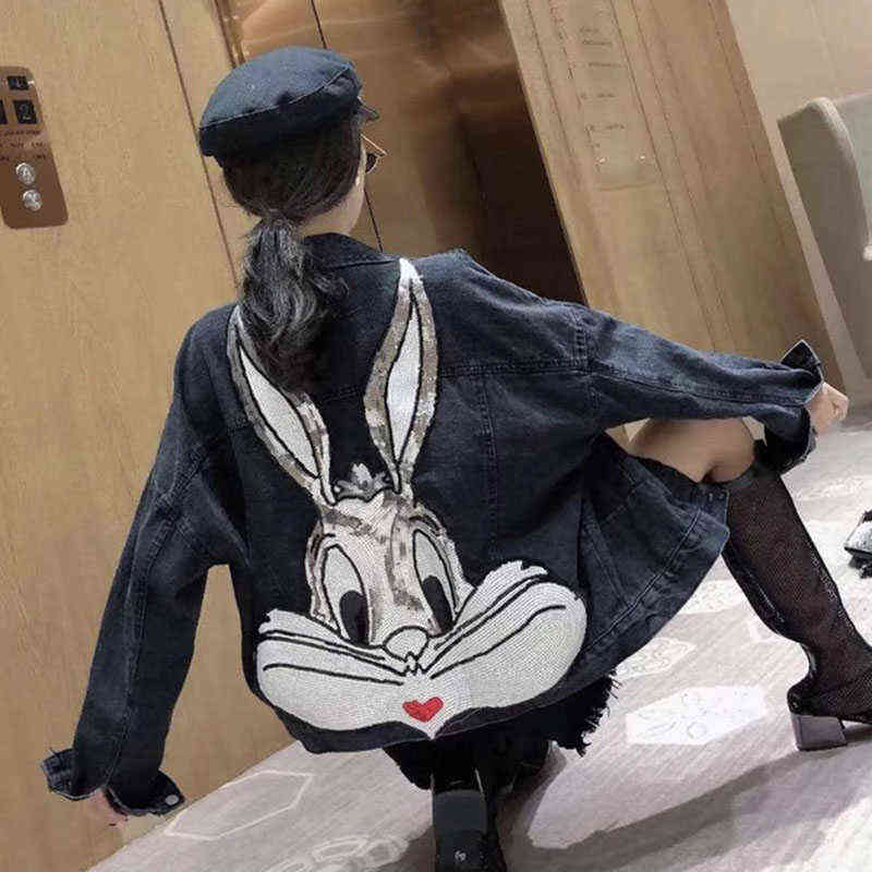 GCAROL Cartoon Sequined Oversized Denim Jacket Bling Loose Preppy Style Embroidered Short Coat Character Outfits 4 season 211117