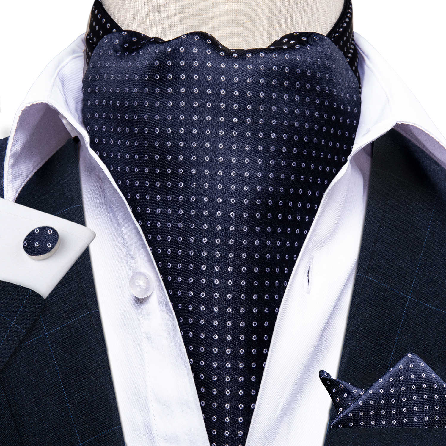 Design Men Silk Cravat Navy Dot Formal Ascot Tie Handkerchief Set with Ring Wedding Self Necktie Dibangu