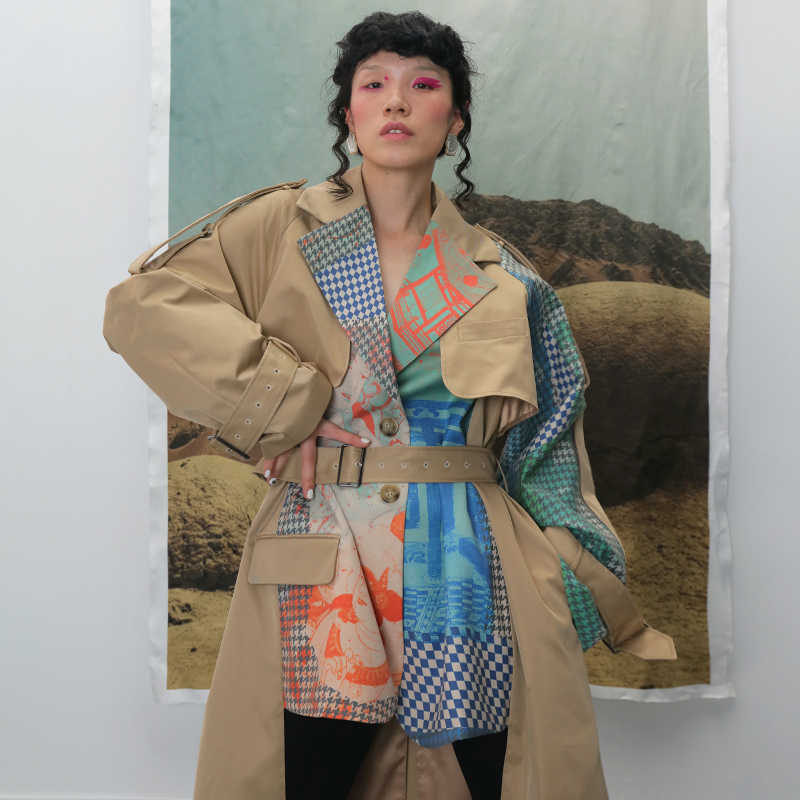 GetSpring Women Trench Coat Asymmetry Hem Long Print Sleeve Single Breasted Windbreaker Woman Tops Autumn Winter 210820