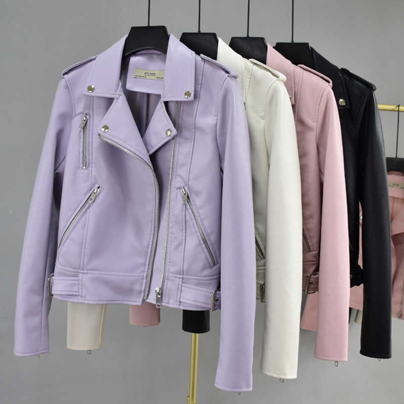 LY VAREY LIN Autumn Faux Leather Jackets Women Turn Down Collar Rivet Zippers Epaulet Pockets Moto Biker PU Streetwear 210526