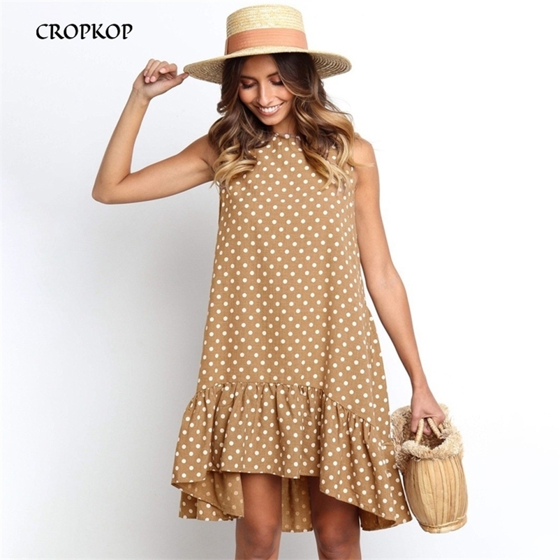 Women Summer Dress Fashion Polka Dot Sleeveless Beach Mini Dress For Women Casual Print Short Loose Blue Sundress Plus Size 210409