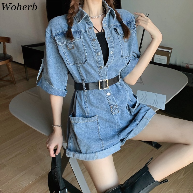 Summer Denim Jumpsuit Streetwear Loose High Waist Playsuit Casual Fashion Rompers Korean Bodysuit Overalls for Women 210422