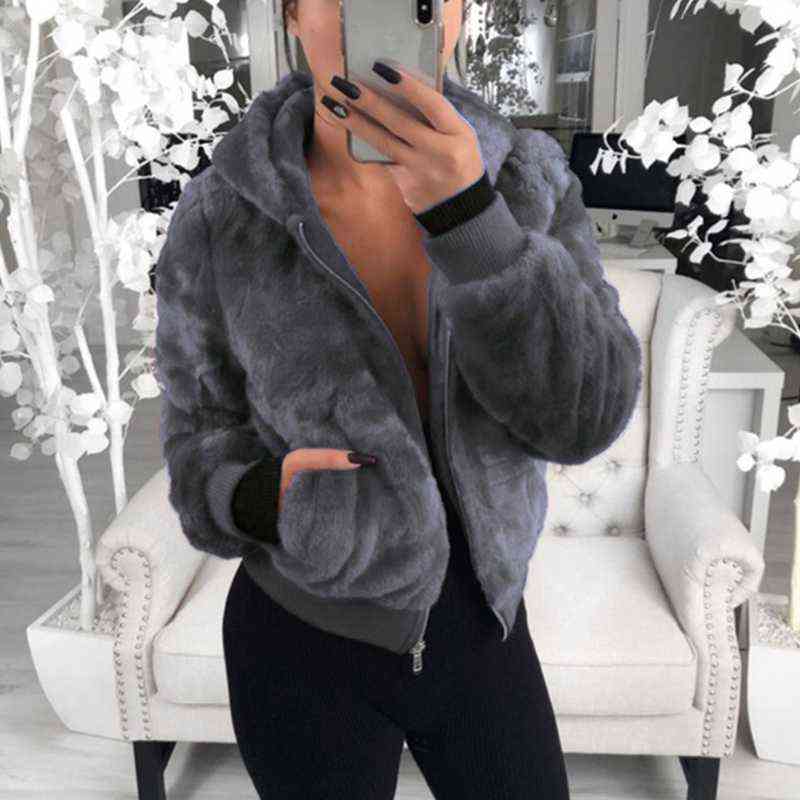 Women's Faux Fur Coat High-waist Hooded Fashion Cardigan Long-sleeved Loose Thin Faux Rabbit Fur Coat Jacket Women 211123