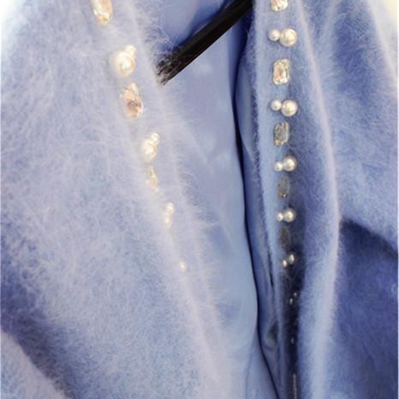 Women Cardigans Sweater Beaded Pearl Female Mohair Knitted Blue Autumn For 210520